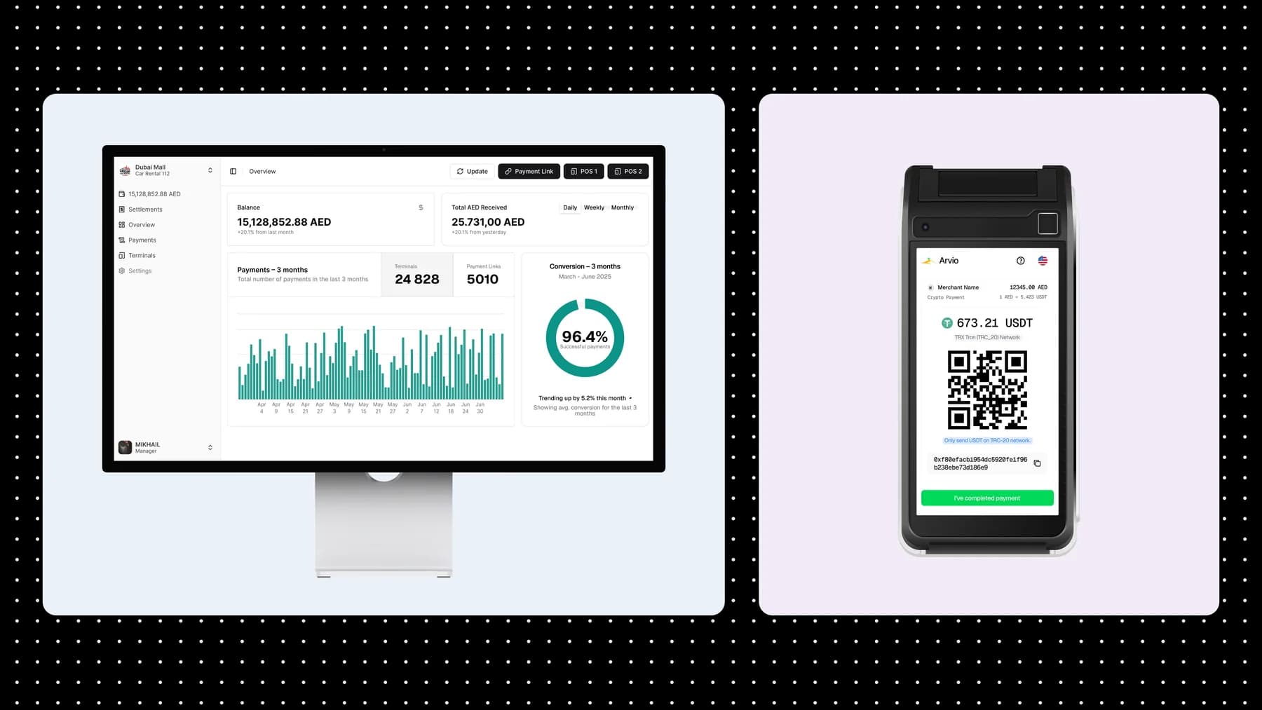 Arvio merchant dashboard and point-of-sale crypto payment interface