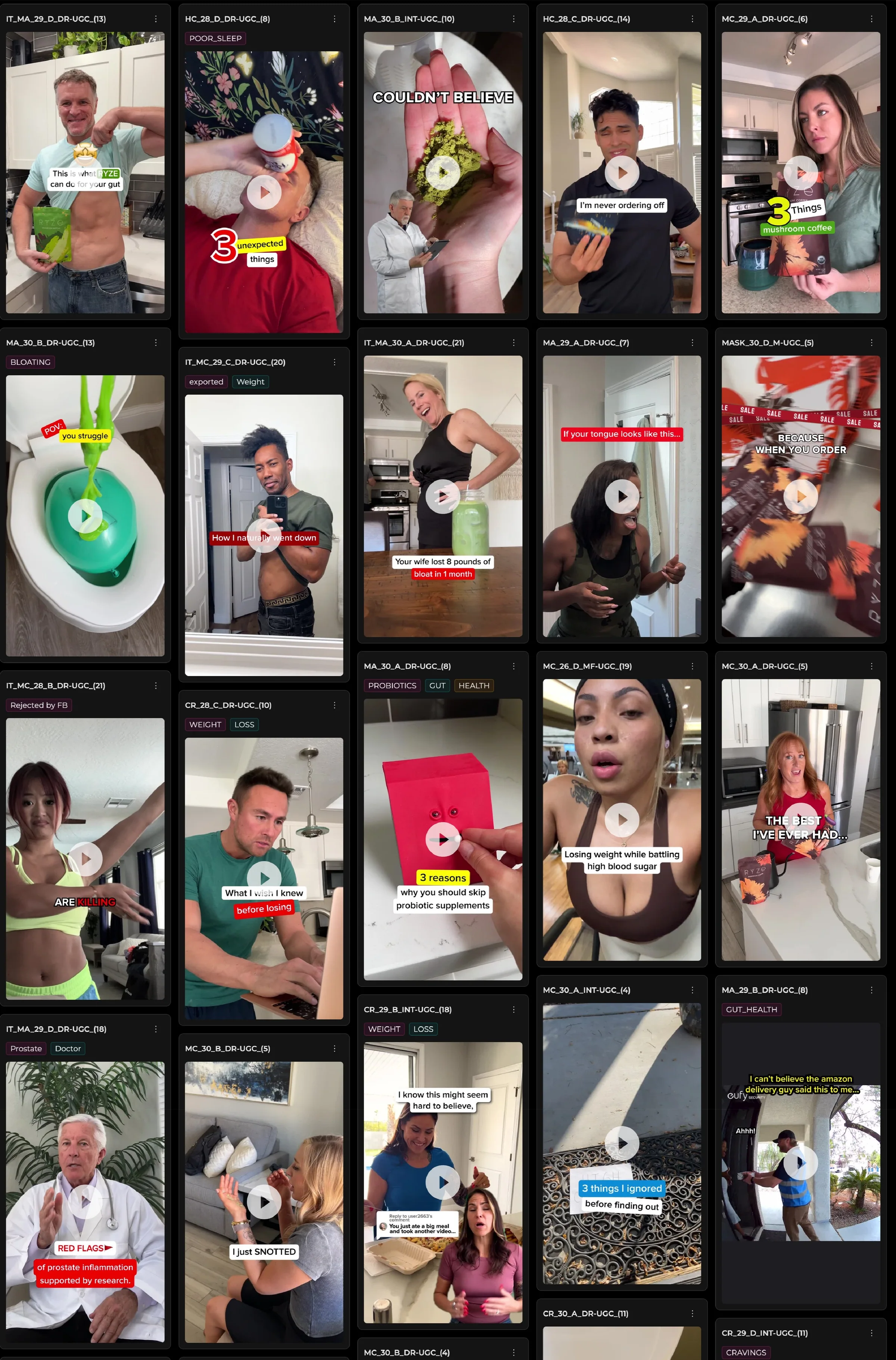 VisCap.ai Media Library showing a dense masonry catalogue of reusable vertical video assets with production labels and statuses.