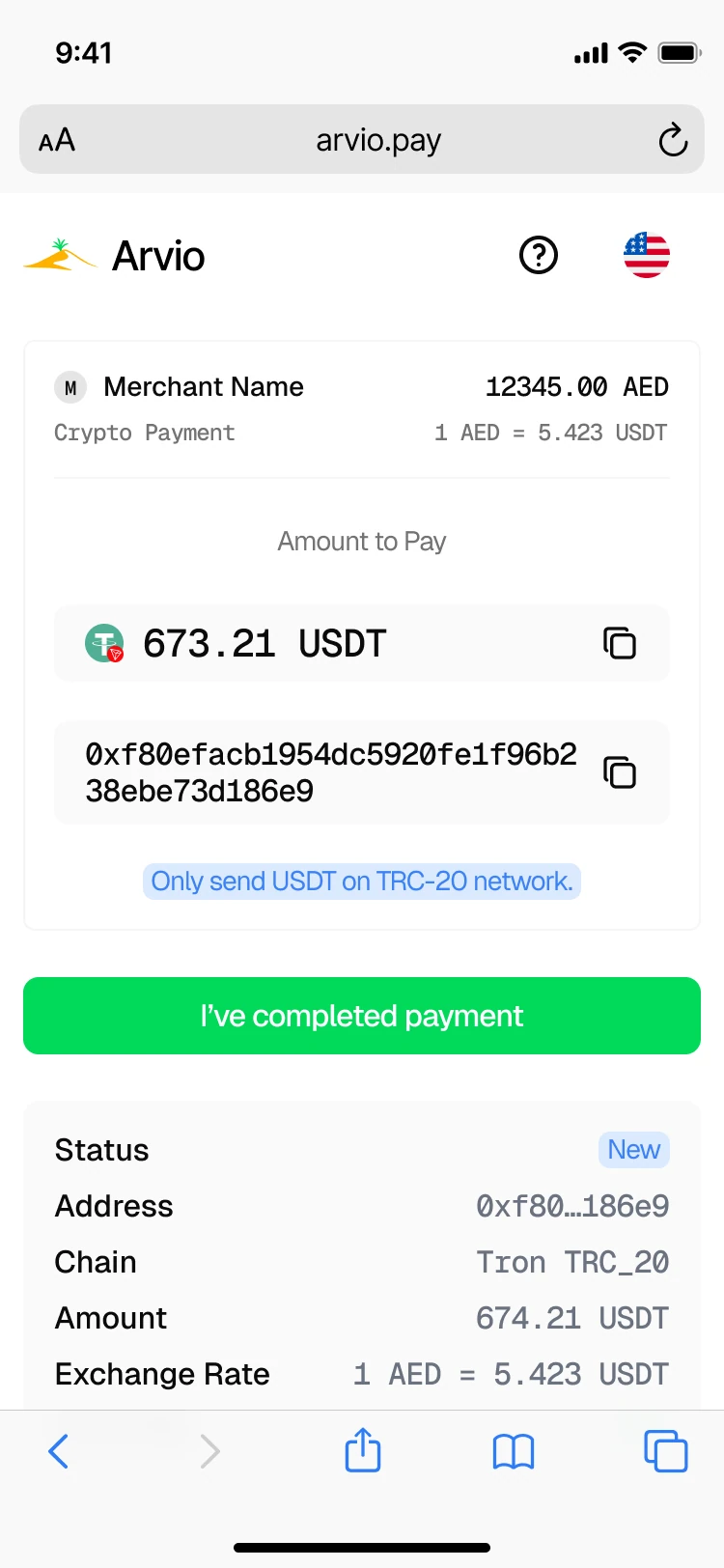 Arvio mobile crypto payment page showing the merchant amount in AED, the USDT payment amount, wallet address, network guidance, and transaction status.