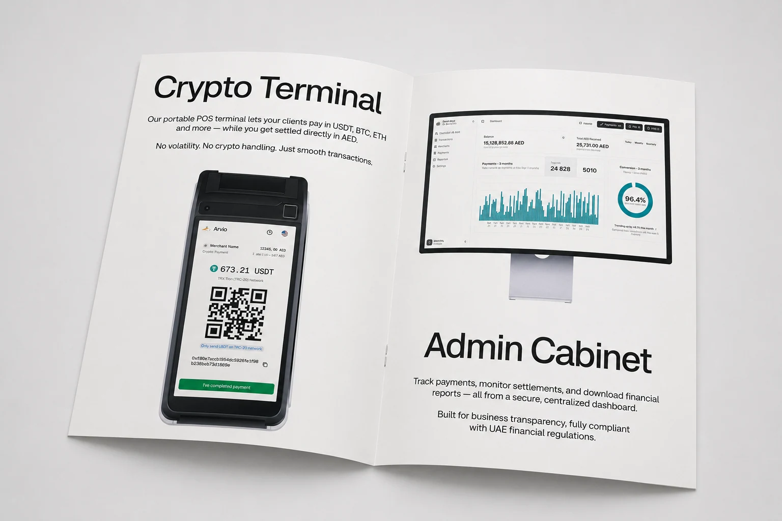 Open Arvio sales brochure presenting a crypto POS terminal and merchant admin dashboard as part of the acquisition system.