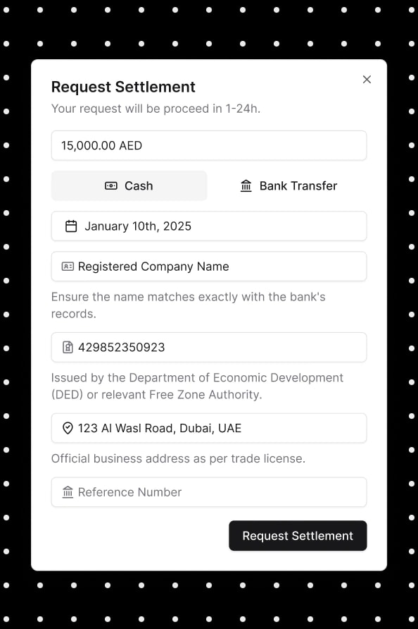 Arvio settlement request form with amount, cash or bank transfer, payout date, registered company name, licence number, address, and reference number.