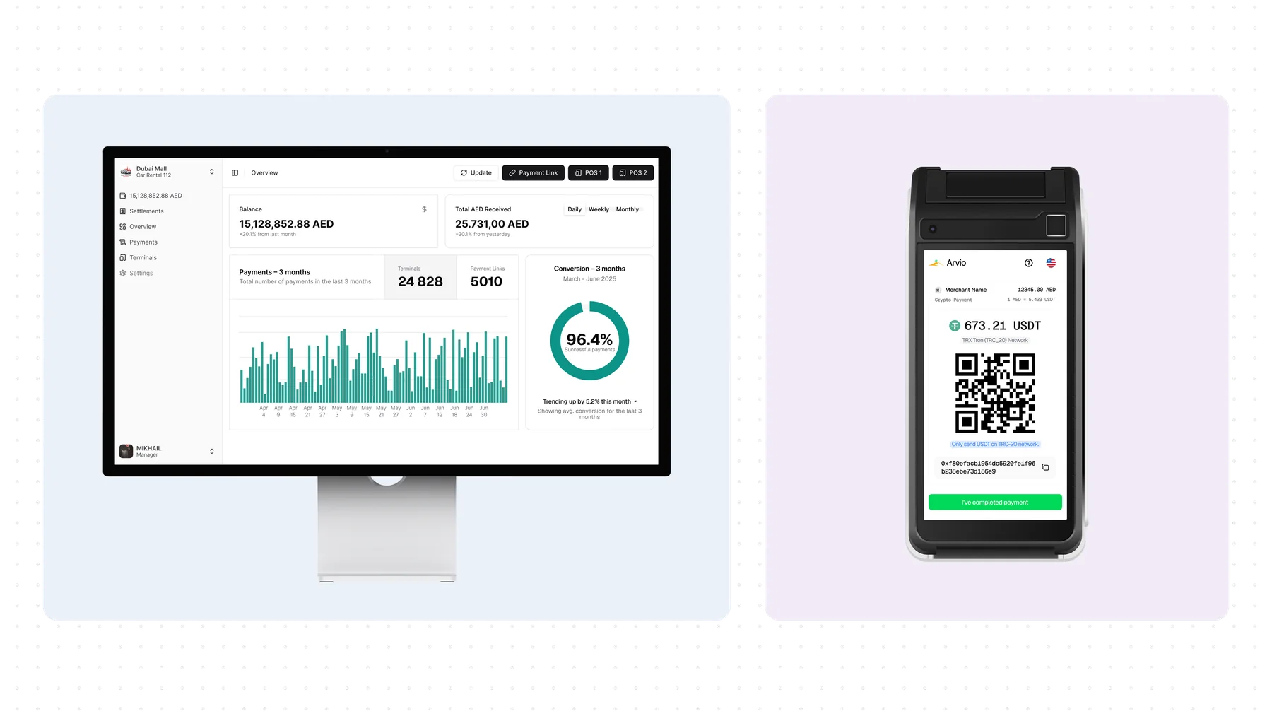 Arvio merchant dashboard and point-of-sale crypto payment interface