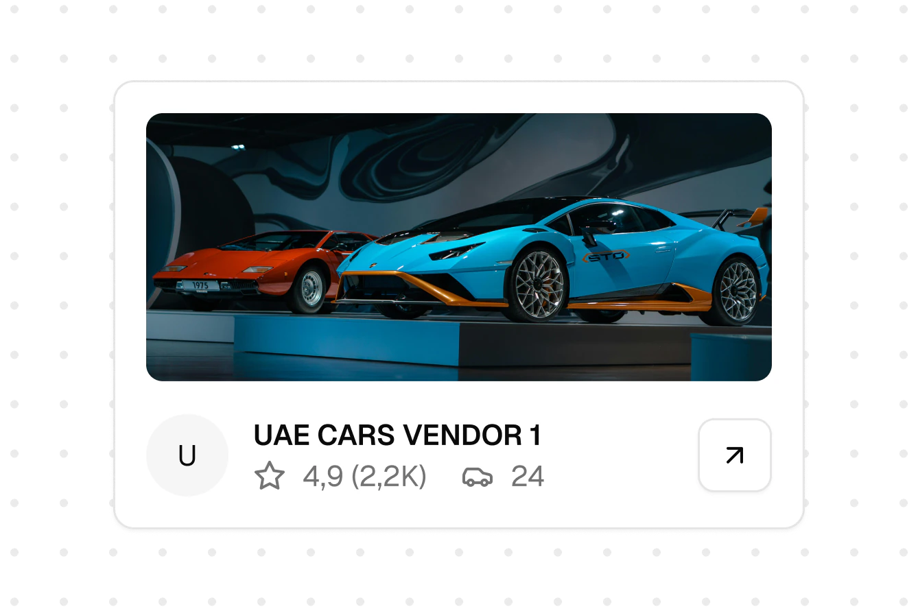 B2Base participant card showing business identity, rating, review count, and inventory count.